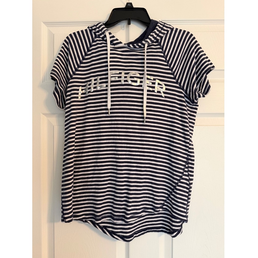 Tommy Hilfiger Sport Womens Navy White Striped Short Sleeve Hoodie Silver Logo M